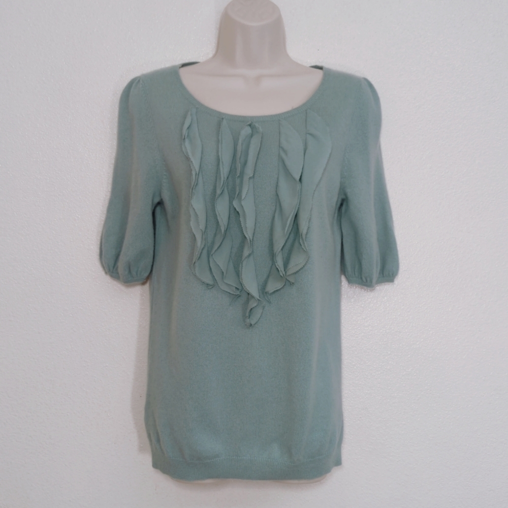Ann Taylor Short Sleeve Ruffle 100% Cashmere Sweater